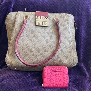 Guess Tan Handbag Inside Needs Some Cleaning & Pink Wallet Outside Blemish EUC
